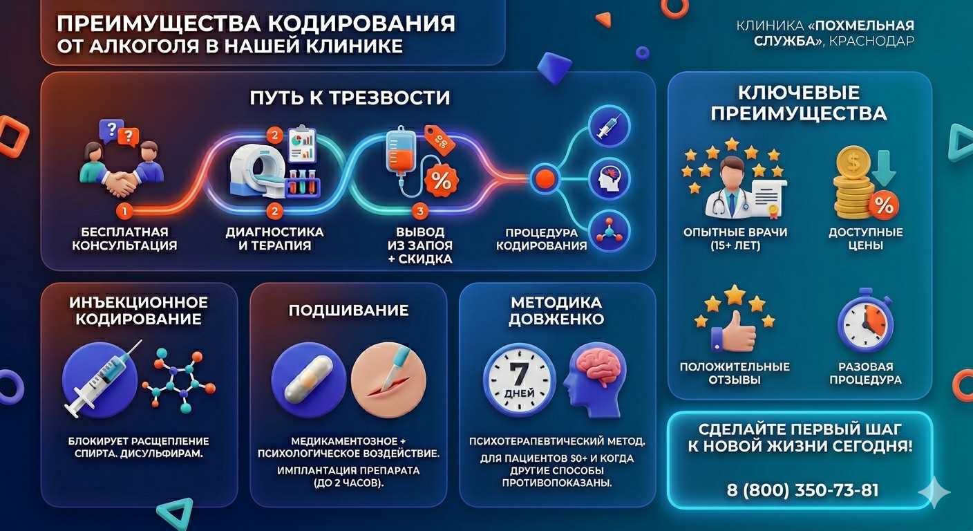 Инфографика о методах кодирования от алкоголя в Энгельсе: инъекции, подшивание, метод Довженко. Преимущества клиники и этапы лечения.